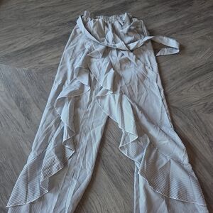 Elegant Striped Ruffle Wide Leg Pants Qith Belt/tie